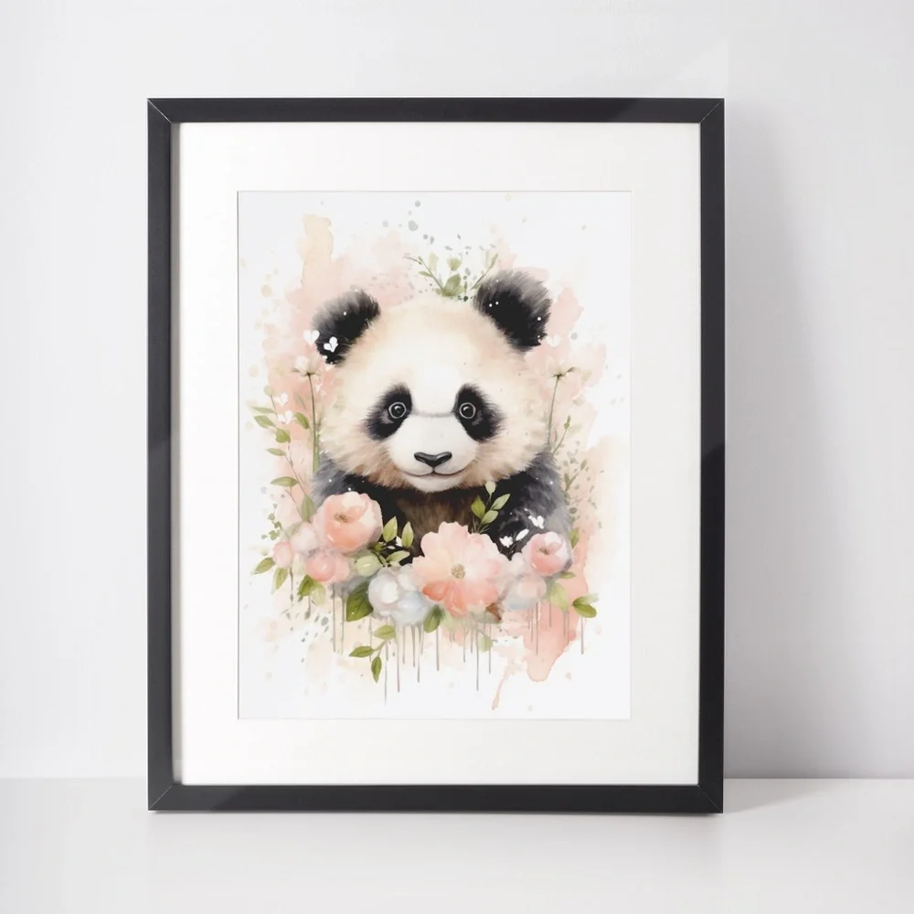 Watercolor Panda Bear With Flowers Portrait Wall Art Illustration Print Unframed - Picture 2 of 6